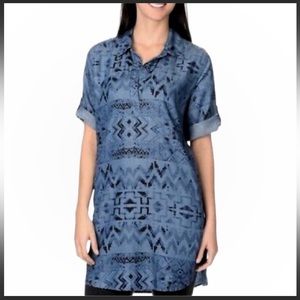 🌞 Philosophy blue Baja Surfer Aztec collar button up midi dress denim women L